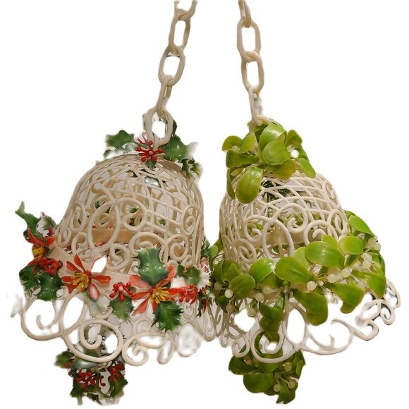 Set of 2 Vintage Plastic Cut Out Bells Holly Berry Mistletoe Hanging Chain - Picture 1 of 16